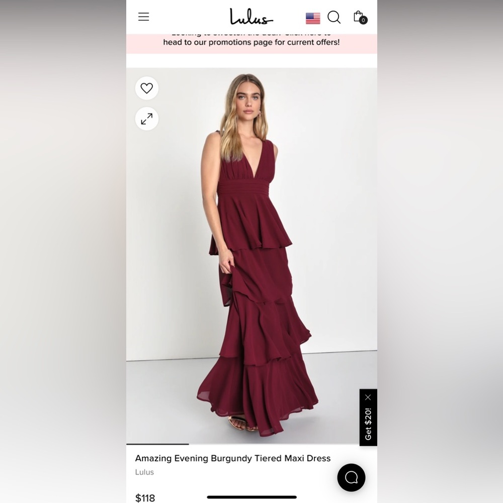 Amazing Evening Burgundy Tiered Maxi Dress, Size XL, Lulu’s.